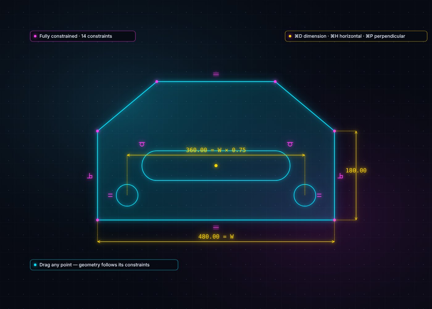 Parametric 2D sketch in VectorForge with constraint symbols and driven dimensions