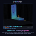 A promotional graphic for VectorForge showing a 3D CAD model of a shelf bracket in blue and cyan tones on a dark grid workspace. Text below reads, 'See it bend before you print it' and describes a PLA 2 kg shelf bracket with stress mapping updates during editing.