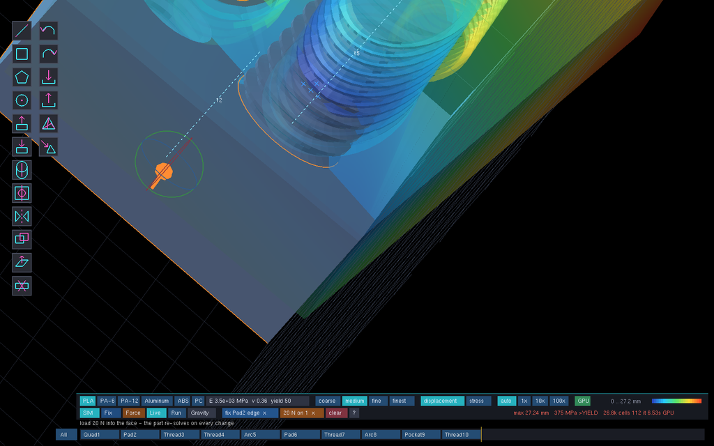 A VectorForge CAD model of a threaded cylindrical component with a multicolor heat-map overlay showing stress or temperature distribution, set against a black software interface background with toolbars and status bars.