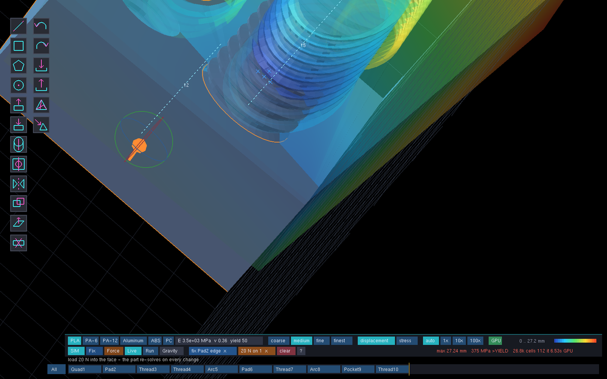 A VectorForge CAD model of a threaded cylindrical component with a multicolor heat-map overlay showing stress or temperature distribution, set against a black software interface background with toolbars and status bars.