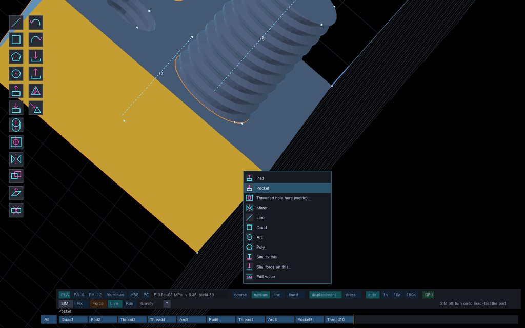 A screenshot of a 3D modeling software interface showing a blue-gray helical spring or coiled component, a large yellow geometric plane, and a context menu near the center on a dark workspace background.